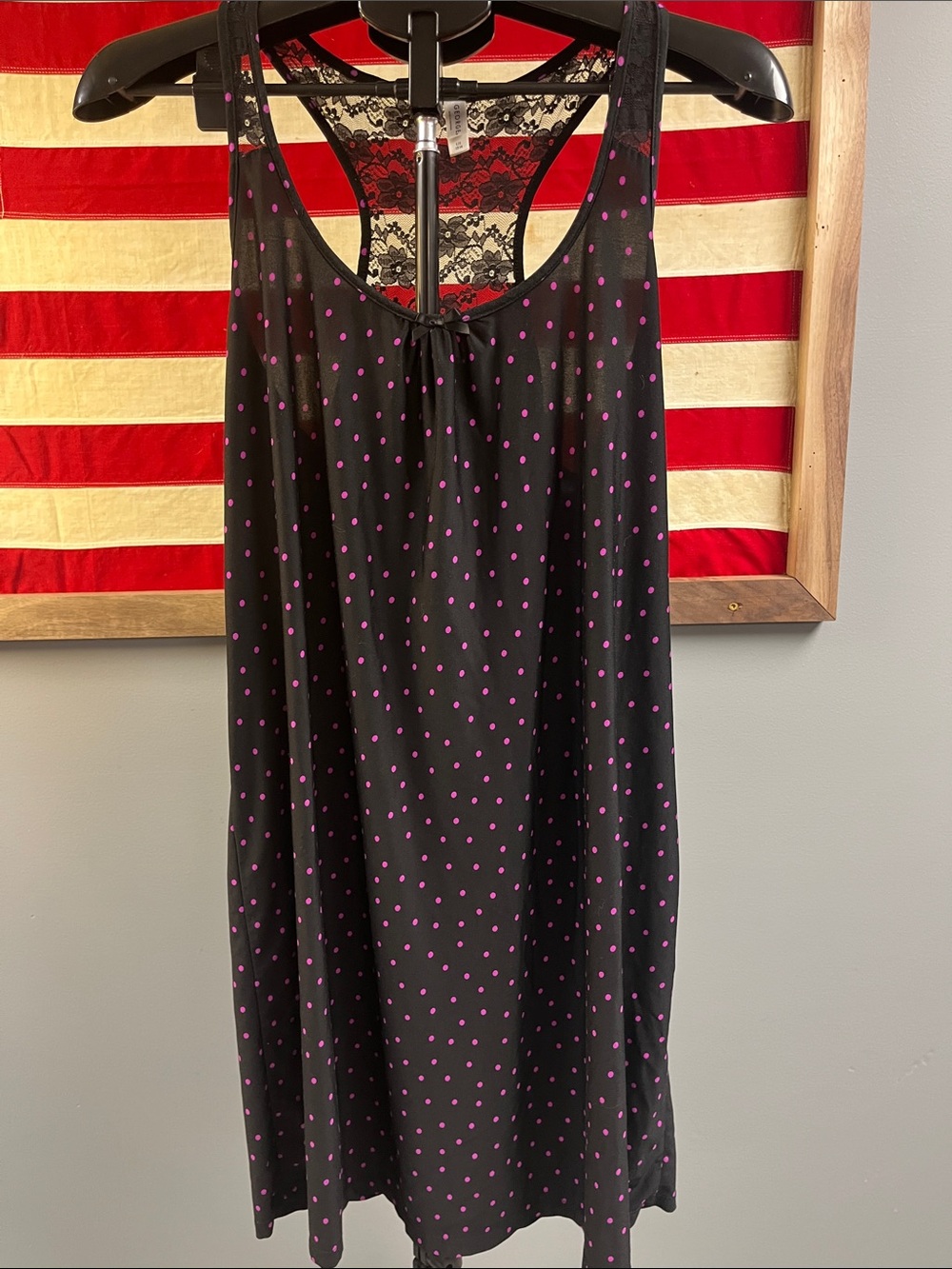 George Black Chemise with Pink Polka Dots and Lace Racerback